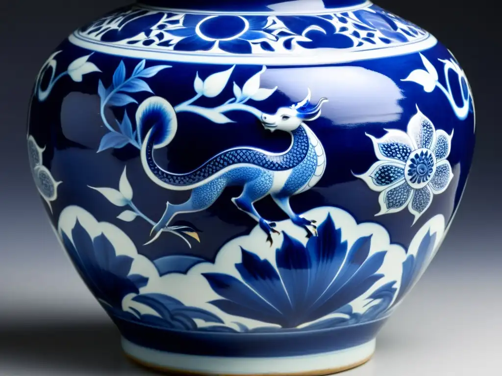 Detalle de una antigua vasija de porcelana china Ming, con intrincados diseños en azul cobalto de criaturas míticas y motivos florales