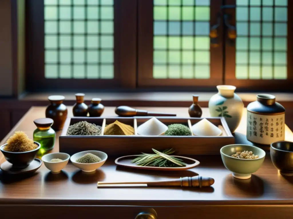 Detalle de antiguas hierbas chinas y herramientas quirúrgicas en mesa de madera, iluminadas por suave luz natural