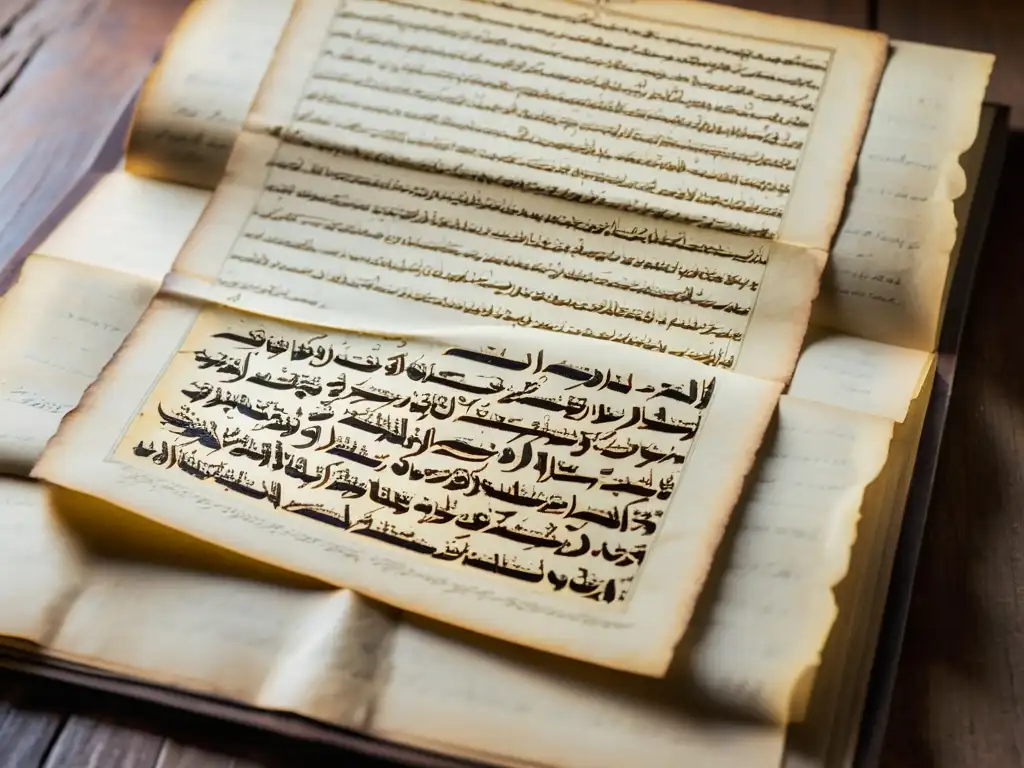Manuscrito de Poesía Urdu: Elegante y Envejecido Detalle de un antiguo manuscrito de poesía urdu, con caligrafía intrincada y tinta desgastada sobre un escritorio de madera