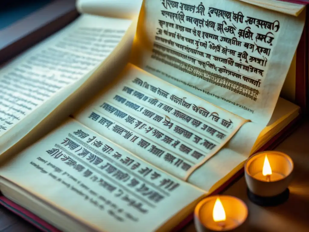 Detalle de antiguo manuscrito sánscrito de los Upanishads, iluminado por luz natural, revelando las raíces del pensamiento hindú