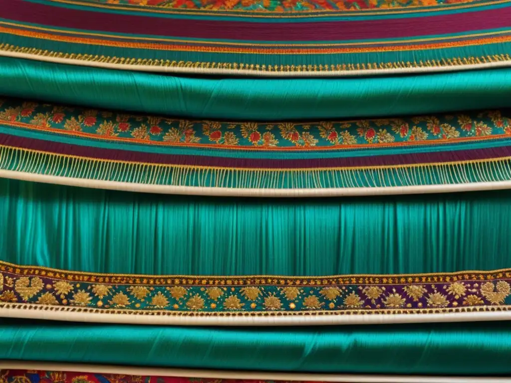 Detalle de un antiguo textil de la Ruta de la Seda, con intrincados diseños y vibrantes colores que reflejan la artesanía y significado cultural