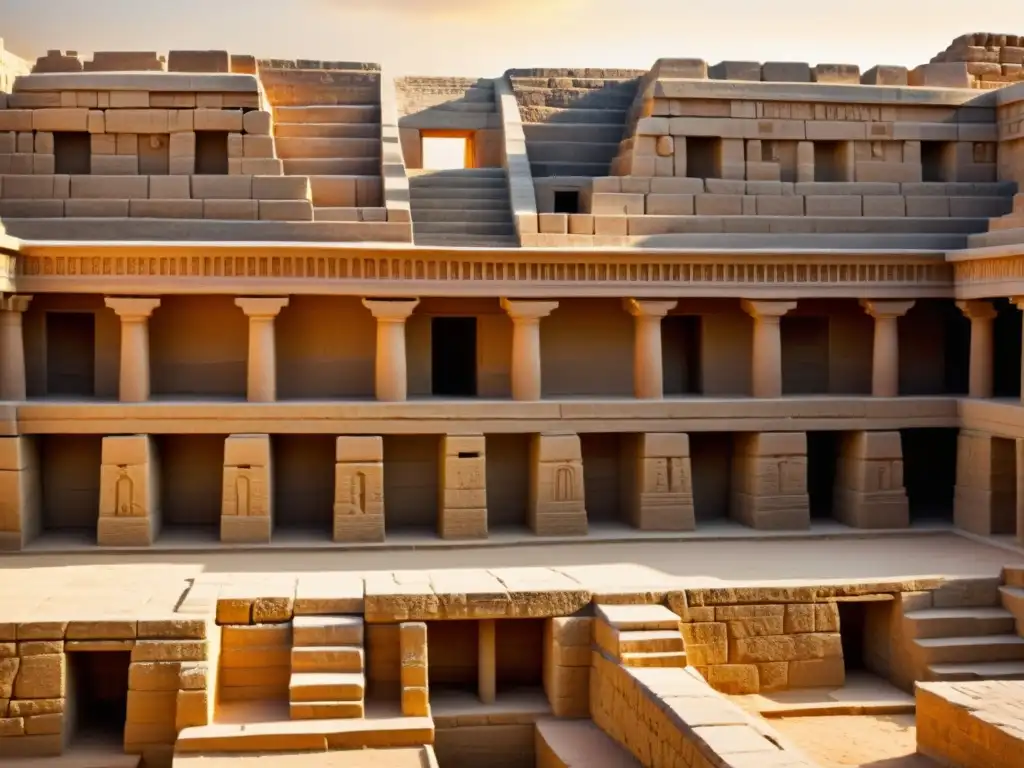 Detalle de la arquitectura monumental Valle Indo: baño antiguo de Mohenjodaro, iluminado por cálido sol, revela su belleza atemporal