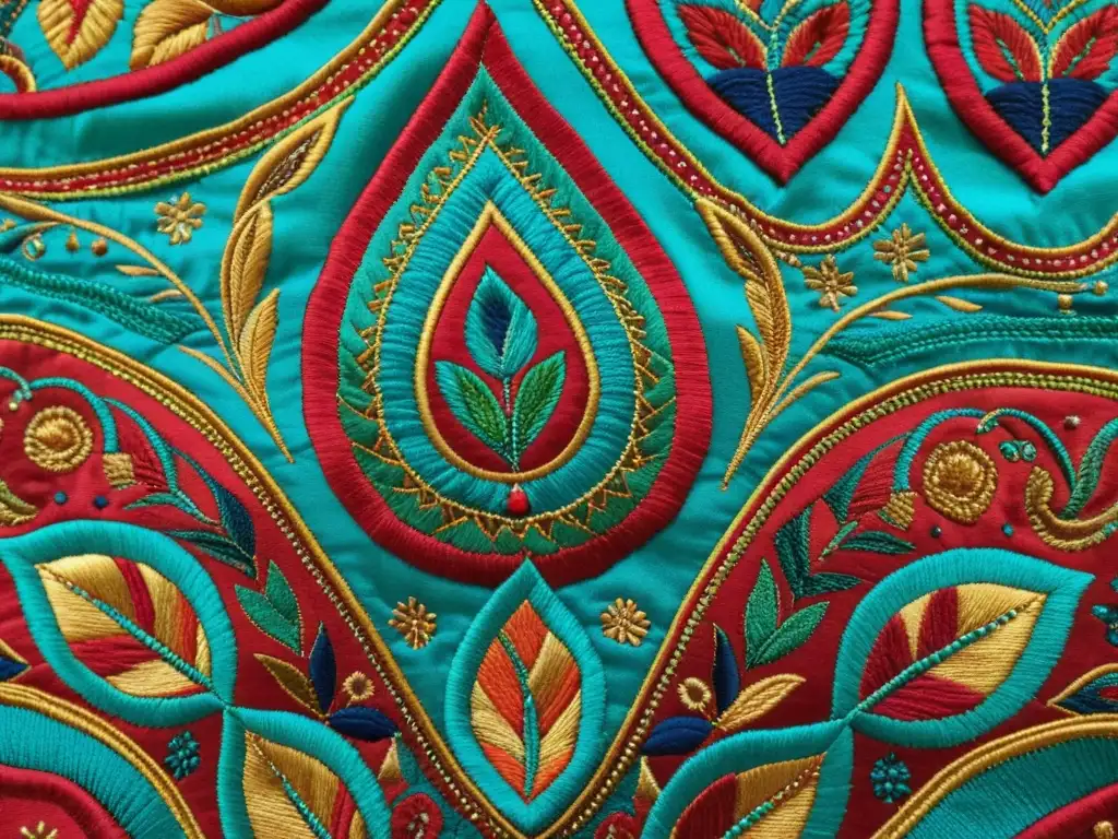 Detalle de arte textil de India historia: vibrante bordado con motivos tradicionales en rojo, dorado y turquesa, exquisita artesanía