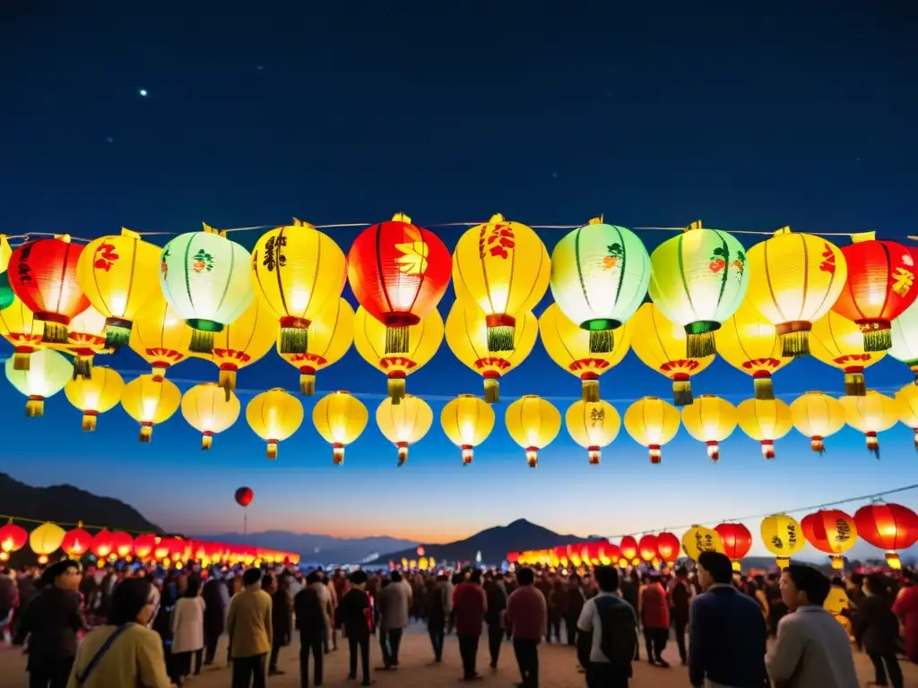 Detalle de la artesanía y colores vibrantes de las instalaciones luminosas en Asia durante el festival de linternas