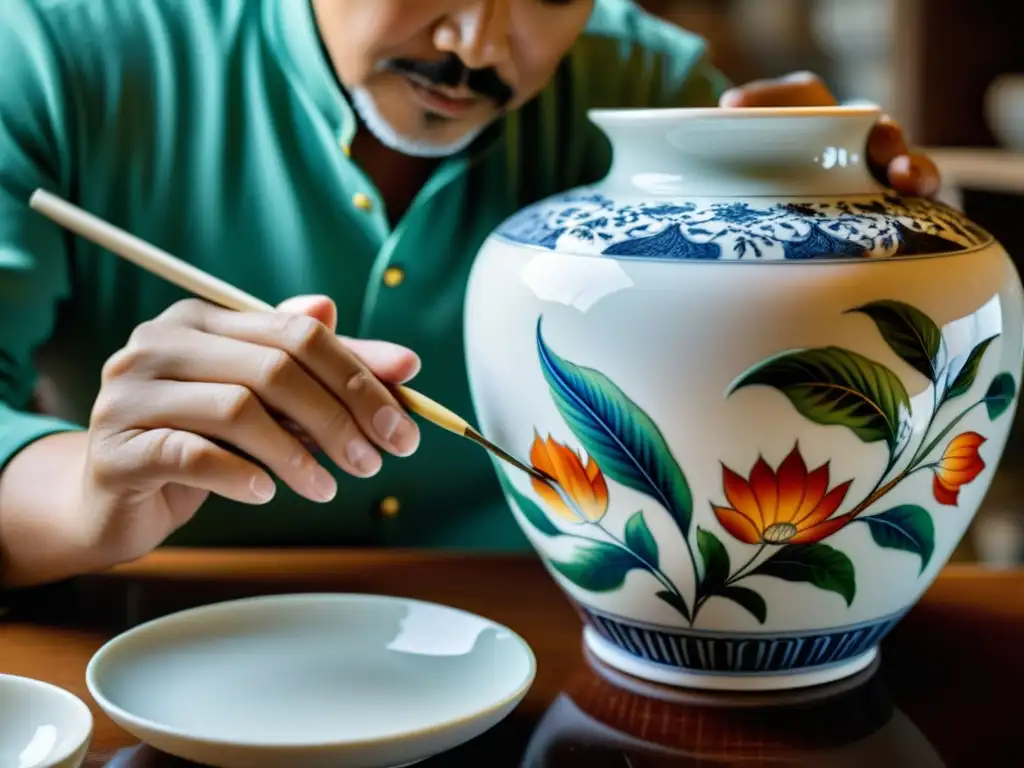 Detalle de un artista de porcelana asiática pintando con maestría un delicado jarrón blanco