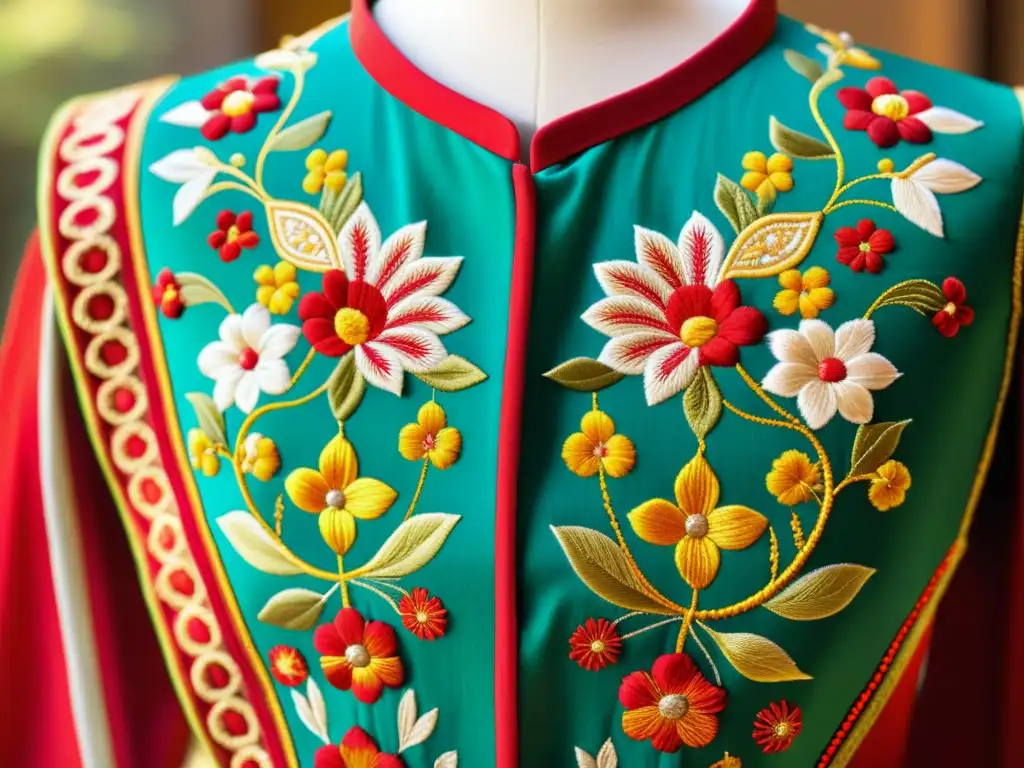 Detalle de una ornamentación asiática alta moda, con intrincados bordados y colores vibrantes, resaltando la artesanía y la belleza cultural