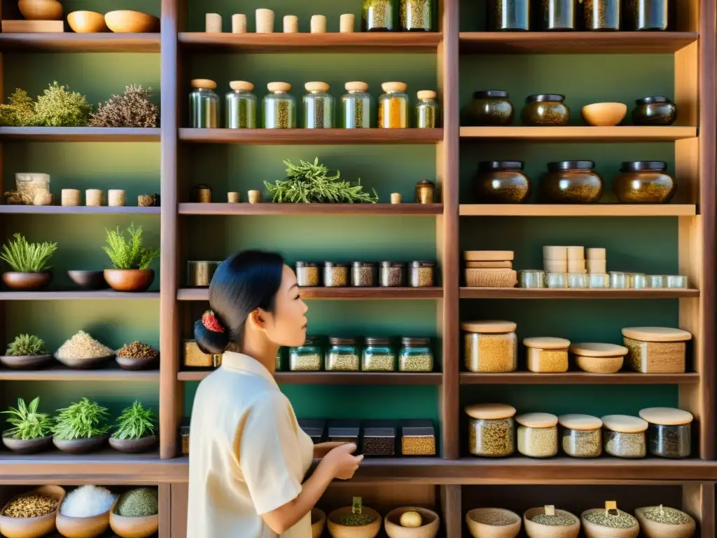 Detalle de una herboristería asiática tradicional con estantes llenos de hierbas y plantas secas