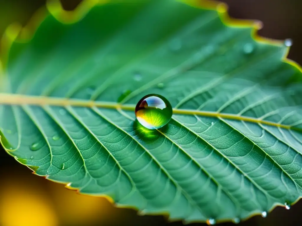 Detalle asombroso de gota de agua en hoja, reflejando texturas, patrones y equilibrio piel hidratación Yin Yang en armonía natural