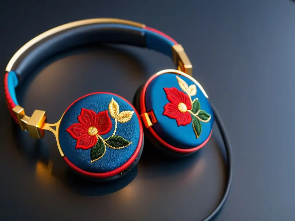 Detalle de auriculares con bordado hanbok coreano, fusionando arte tradicional y diseño moderno