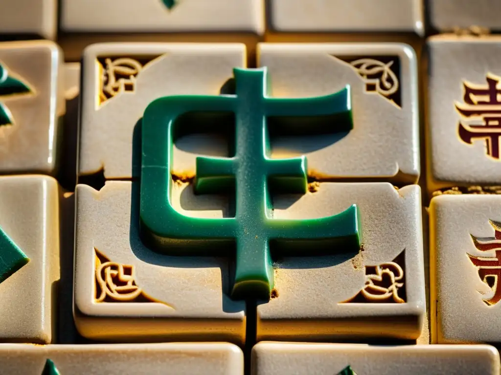 Detalle de azulejo de mahjong envejecido sobre pergamino, evocando historia y tradición, con juego de sombras y enigma del Mahjong Solitario