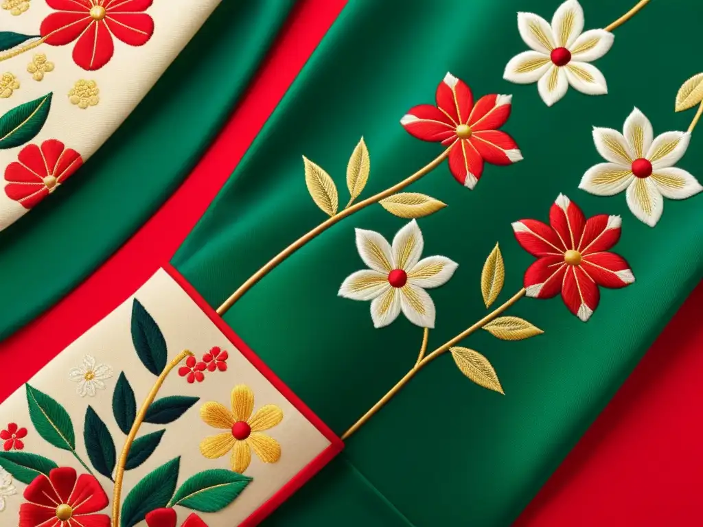 Detalle de bordado en kimono japonés, evocando la evolución moda lujo japonesa con sus patrones florales y colores vibrantes