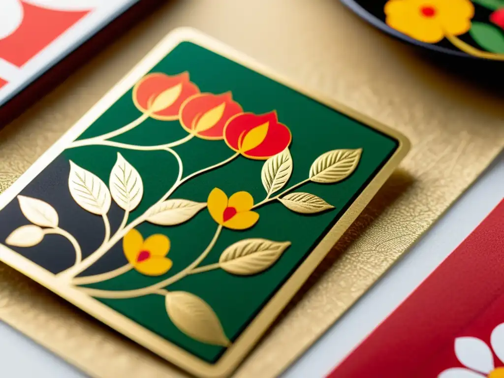 Detalle de una carta Hanafuda artesanal, con diseños florales y naturales vibrantes, realzada con detalles de hoja de oro