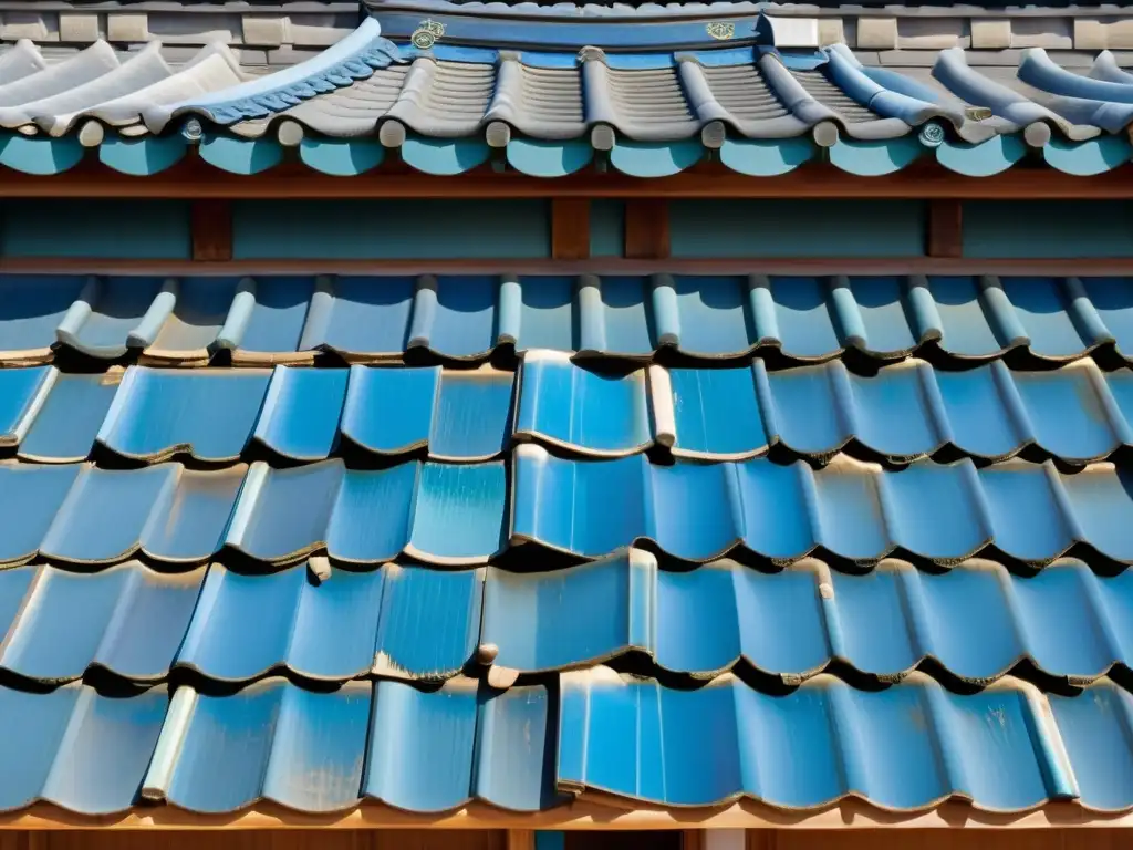 Detalle de una casa hanok coreana con tejas azules de la dinastía Joseon, resaltando su belleza histórica y arquitectura distintiva