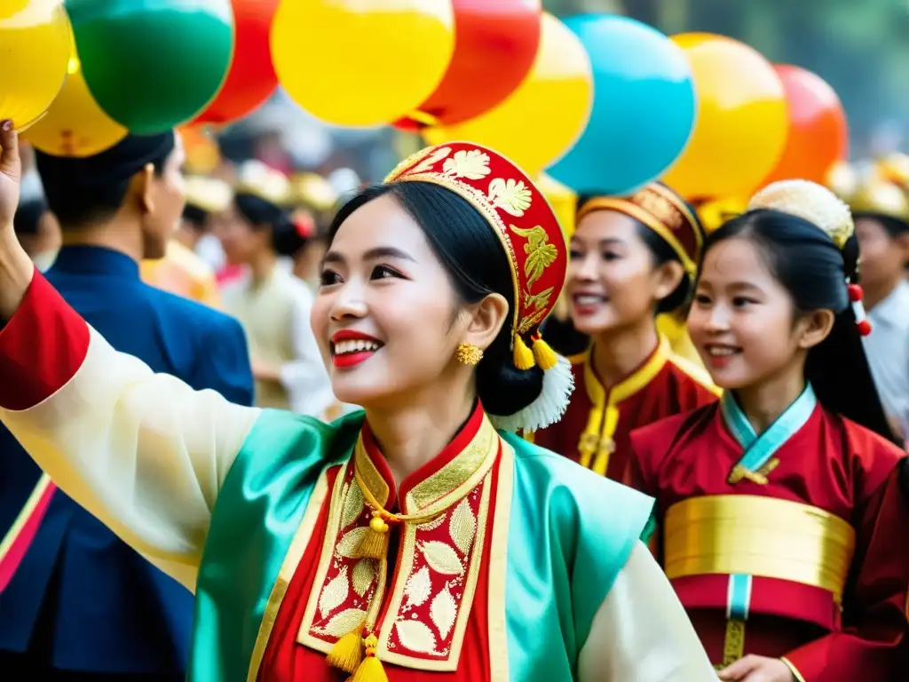 Detalle de la celebración del Tet Nguyen Dan en Vietnam, con vestimenta tradicional, decoraciones coloridas y actuaciones culturales