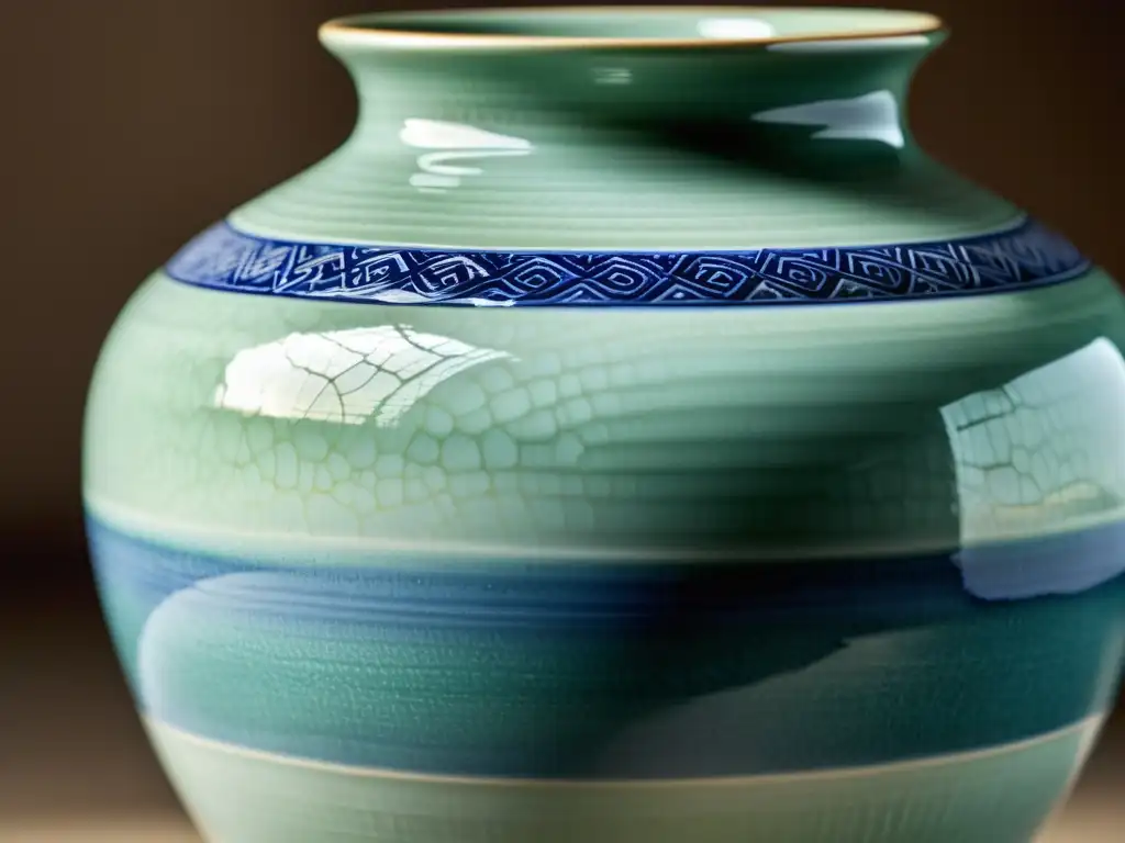 Detalle de cerámica celadón antigua de China, con delicado craquelado en tonos verdes y azules resaltando la artesanía y tradición milenaria