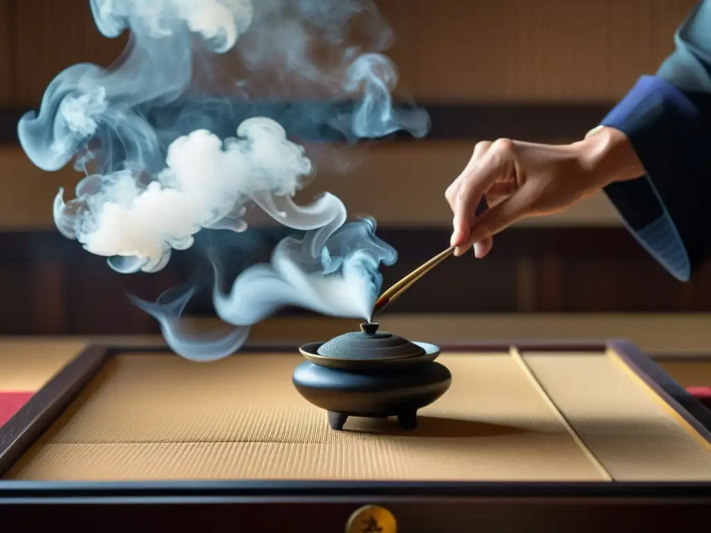 Detalle de una ceremonia de incienso japonés, con movimientos elegantes y delicados gestos, en un interior sereno