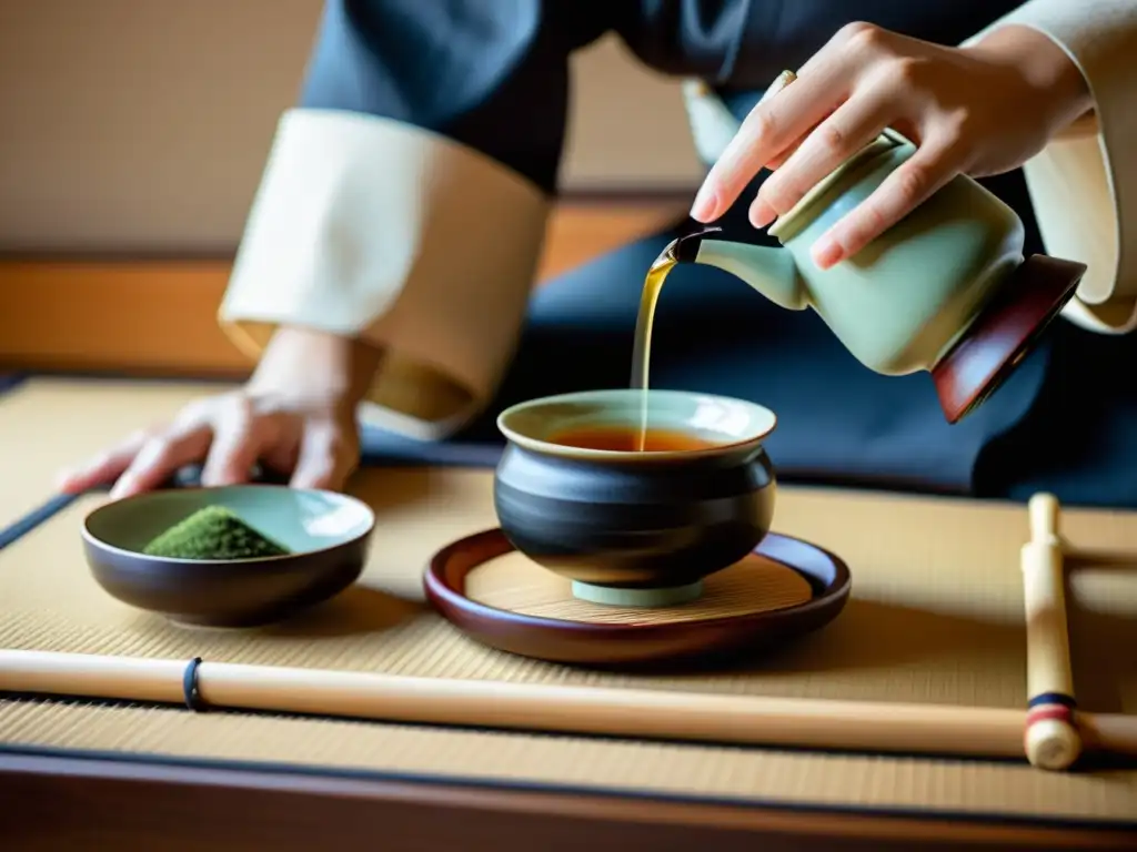 Detalle de una ceremonia del té japonesa, con aplicación del principio de impermanencia, destacando la preparación meticulosa y la serenidad del ambiente