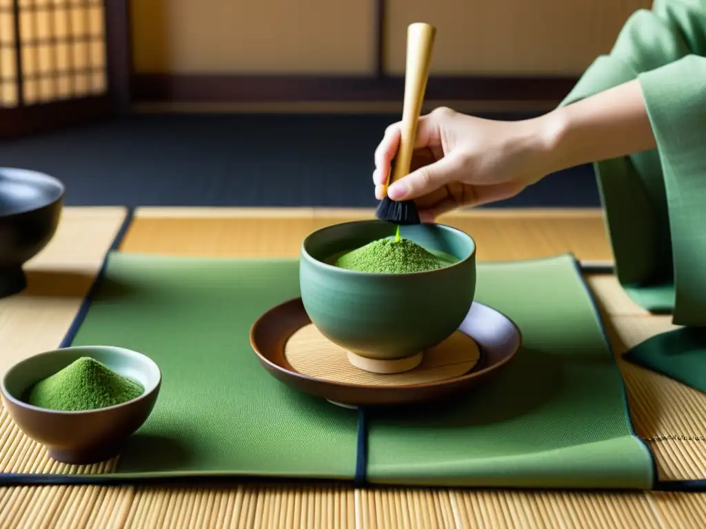 Detalle de una ceremonia del té japonesa con cuenco de cerámica, té matcha, y utensilios de bambú, sobre tatamis y arreglos florales