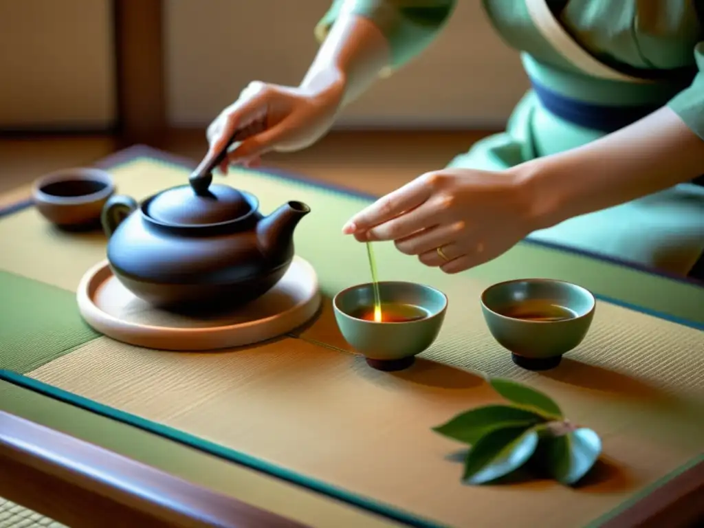 Detalle de una ceremonia del té japonesa, con movimientos gráciles y cuidado meticuloso, iluminado por una luz suave y difusa