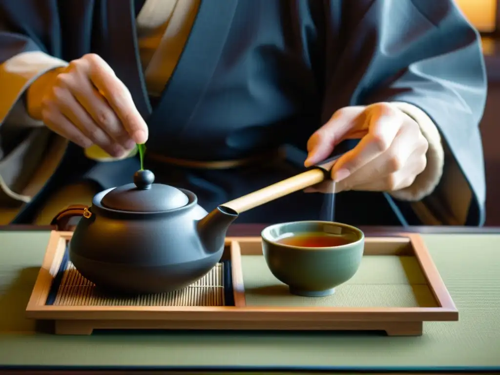 Detalle de ceremonia del té japonés: precisión, minimalismo y serenidad, reflejo de la filosofía de la cosmética japonesa minimalista