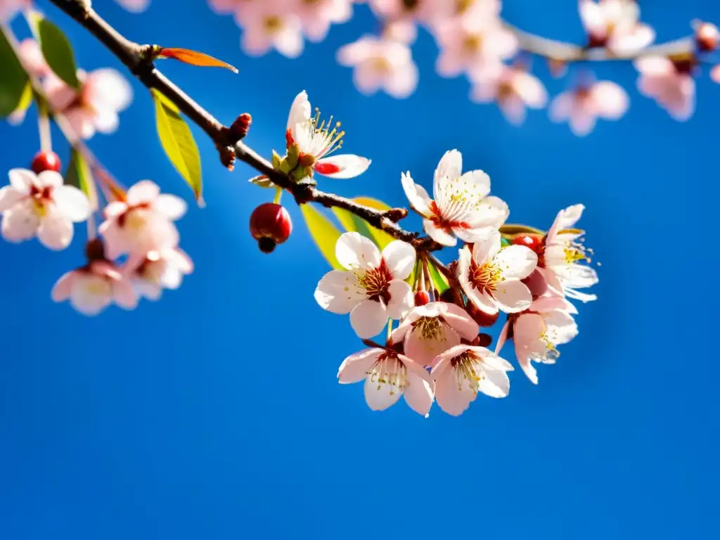 Detalle de cerezos en flor bajo el cielo azul, evocando el significado hanami: belleza efímera de la naturaleza