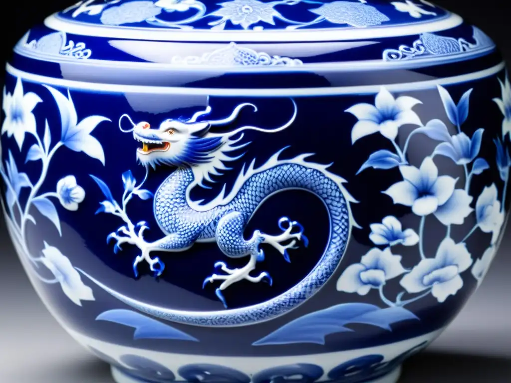 Detalle de porcelana imperial china con motivos tradicionales en azul y blanco