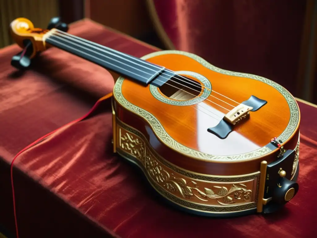 Detalle de guqin chino, música en la Corte Imperial China, con intrincados diseños y textura de madera pulida, iluminado suavemente