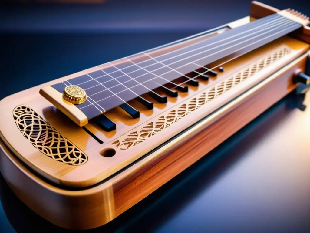 Detalle de guzheng chino con tecnología streaming, fusionando música asiática y modernidad
