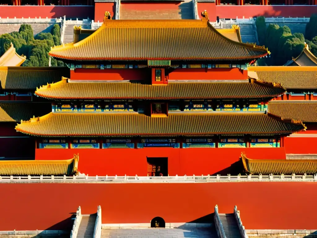 Detalle de la Ciudad Prohibida en Beijing, China, con su diseño arquitectónico intrincado y colores rojos y dorados