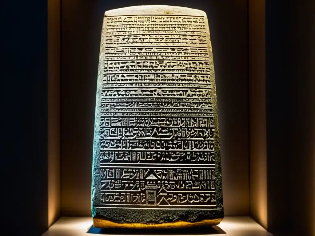 Detalle del Código de Hammurabi en museo, mostrando las leyes antiguas Mesopotamia con solemnidad y reverencia histórica