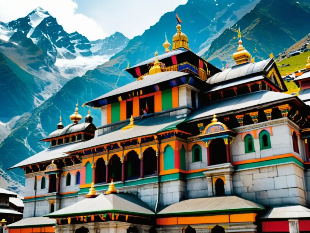 Detalle colorido de la fachada del antiguo Templo Kedarnath en el Himalaya, con peregrinos y paisaje natural impresionante