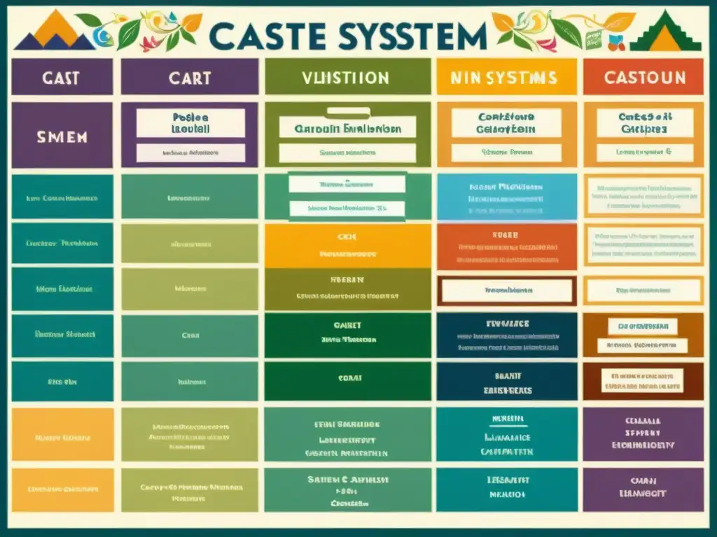 Detalle colorido de la jerarquía social en India y Nepal, con gráficos y símbolos tradicionales en un diseño complejo y vibrante