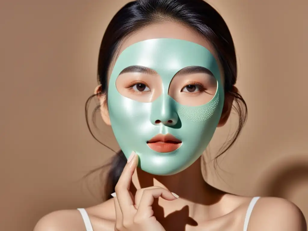 Detalle ultrarresolución: influencer coreana aplica mascarilla, reflejando la revolución cosmética del KBeauty en su rostro sereno