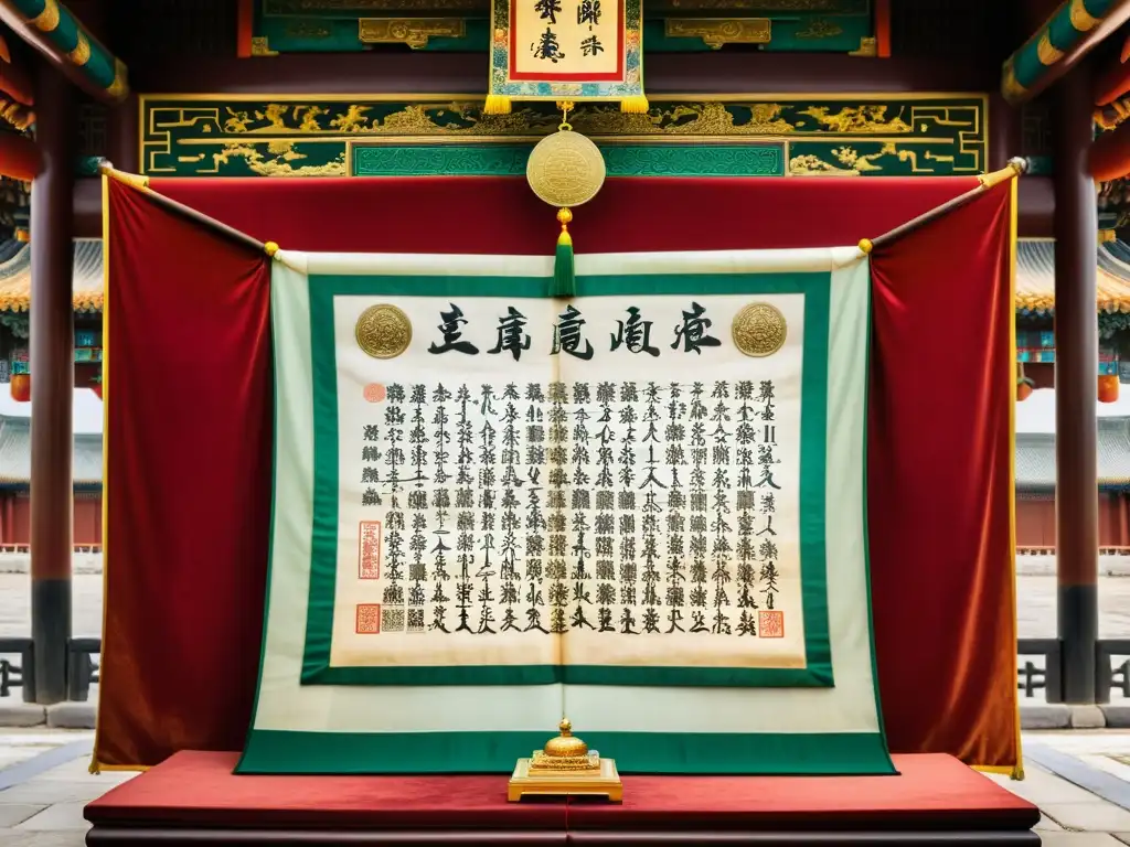 Detalle del decreto político del Emperador Yongle, Ming China, con caligrafía y sellos imperiales, en la majestuosa Ciudad Prohibida