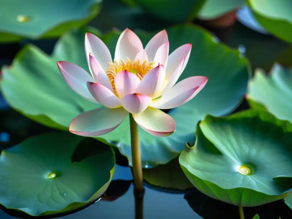 Detalle de una delicada flor de loto emergiendo del agua al amanecer, reflejando serenidad y los beneficios para la piel