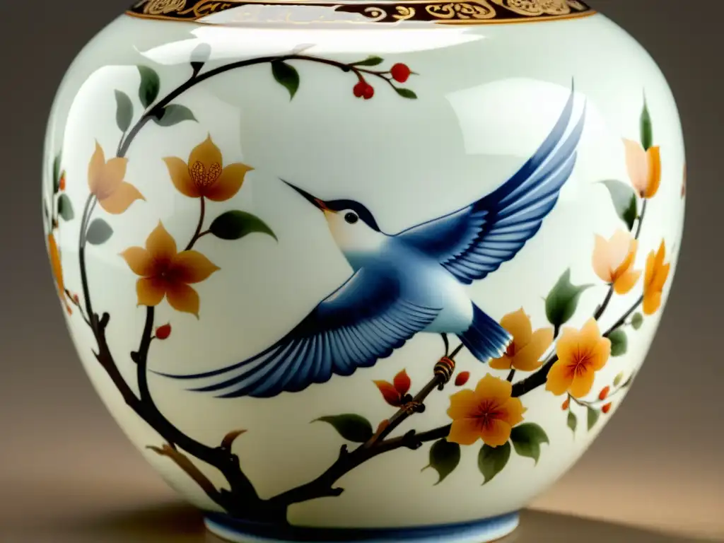 Detalle de delicado jarrón de porcelana de la dinastía Song, con motivos naturales pintados a mano