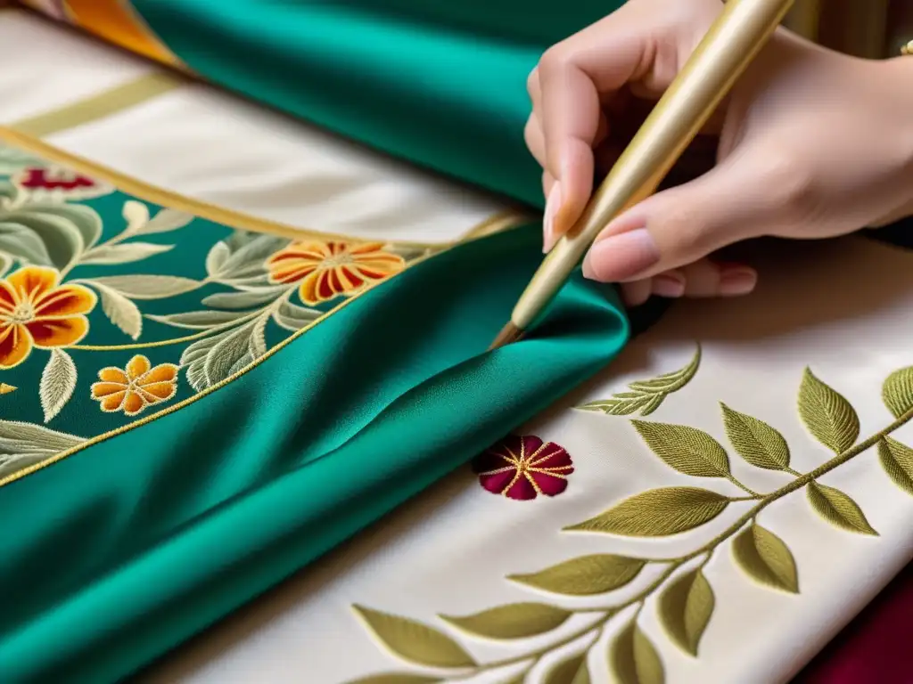 Detalle de diseñador pintando patrones en seda, fusionando filosofía oriental y moda de alta costura con maestría artesanal