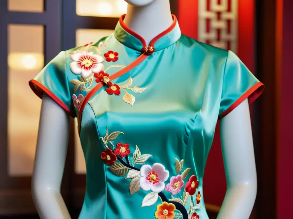 Detalle del elegante Cheongsam con bordados florales y colores vibrantes, capturando la esencia de la moda china y su atracción global