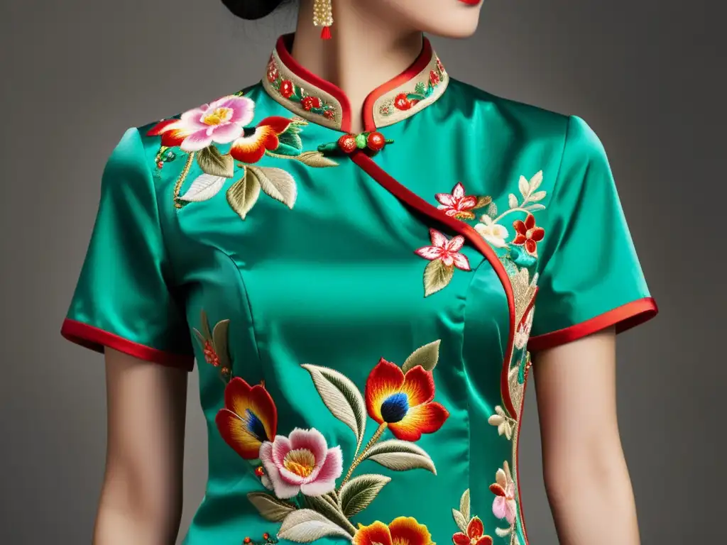 Detalle de un elegante y seductor traje Qipao, resaltando la artesanía y la cultura asiática