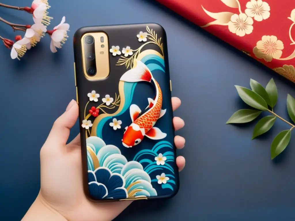 Detalle del elegante teléfono negro con funda asiática de motivos tradicionales en rojos, azules y dorados, sobre pantalla japonesa