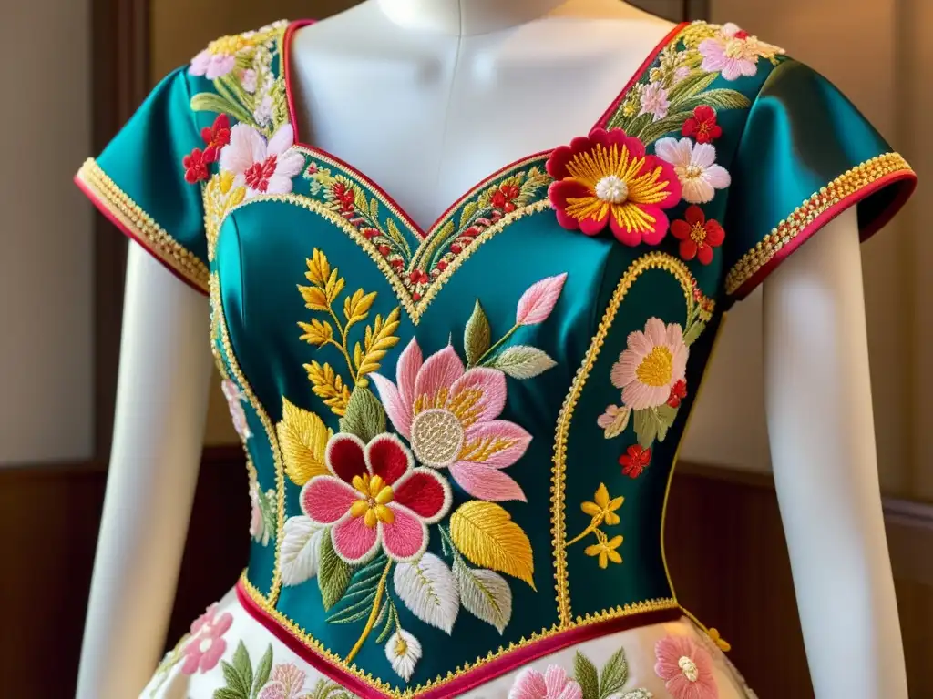 Detalle de un elegante vestido de alta costura con influencia japonesa en patrones florales, exhibiendo exquisitos bordados de flores tradicionales