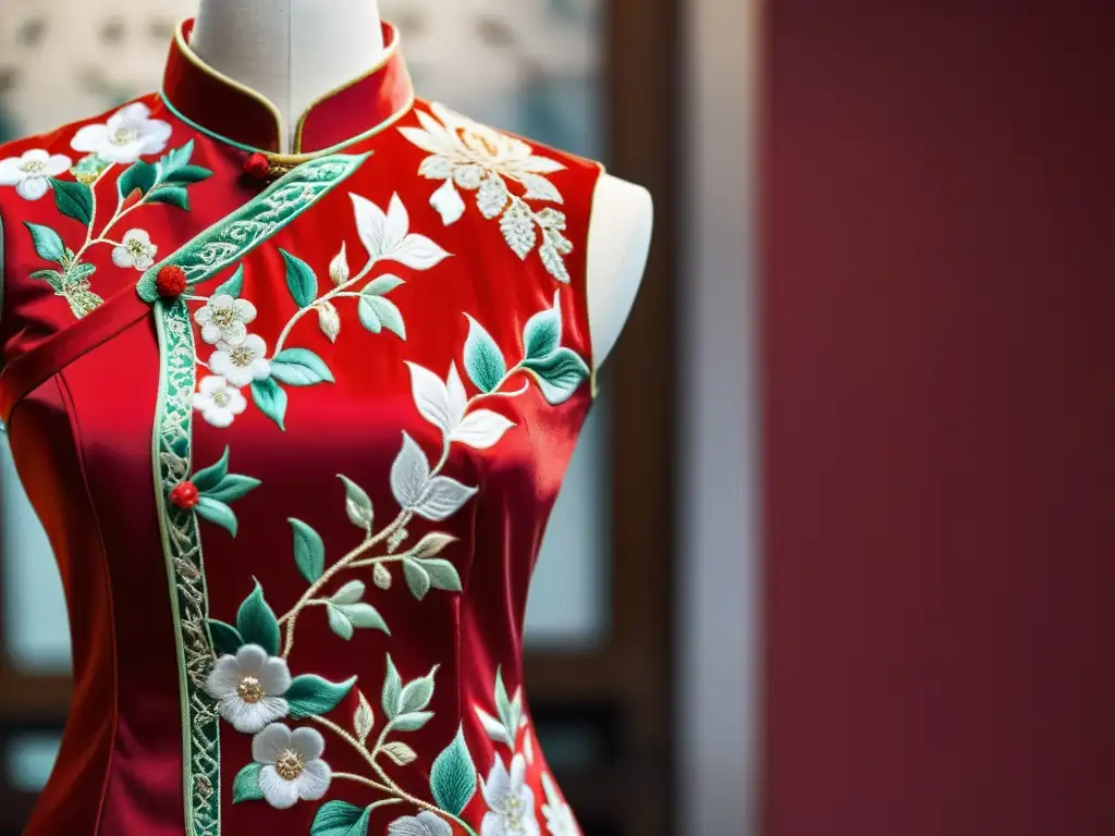 Detalle de un elegante vestido cheongsam rojo, con exquisitos bordados florales