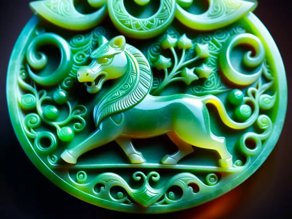 Detalle de jade esculpido de la Dinastía Xia, con criaturas míticas y motivos simbólicos