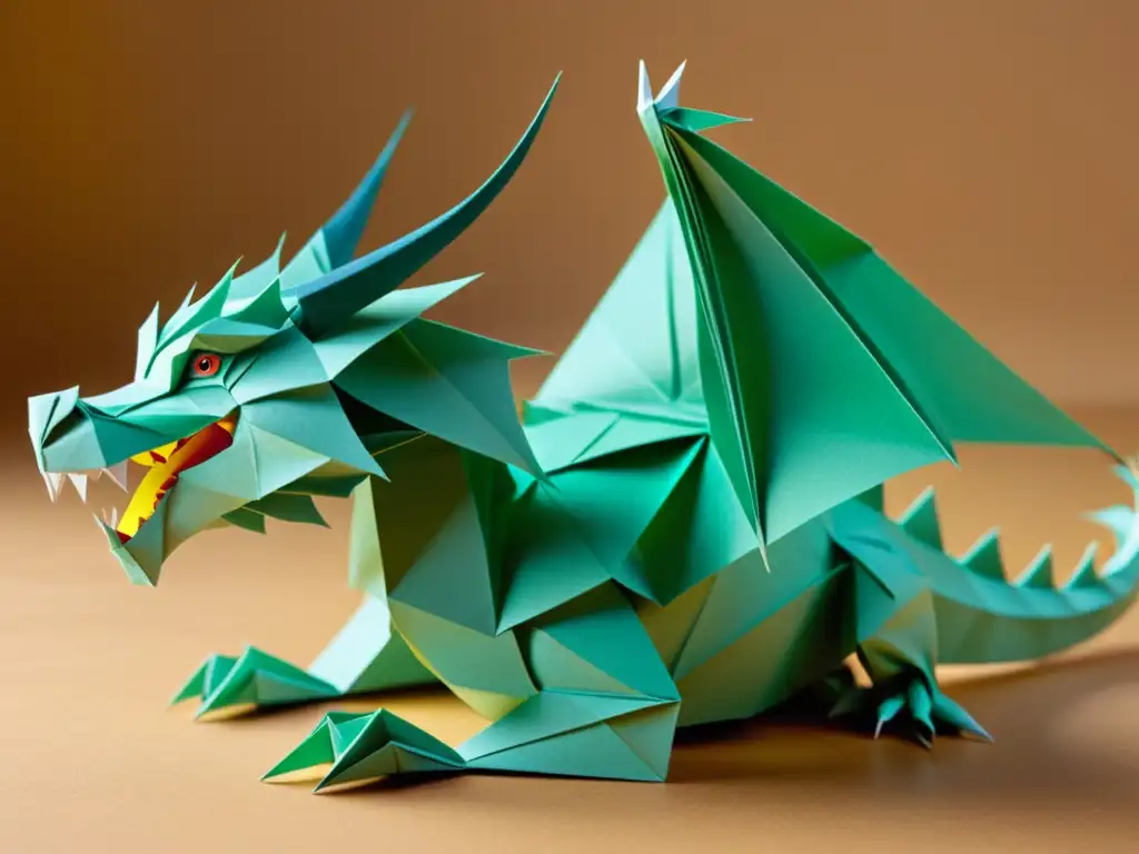 Detalle de escultura de dragón en origami, destacando la maestría y técnica del Origami tradicional