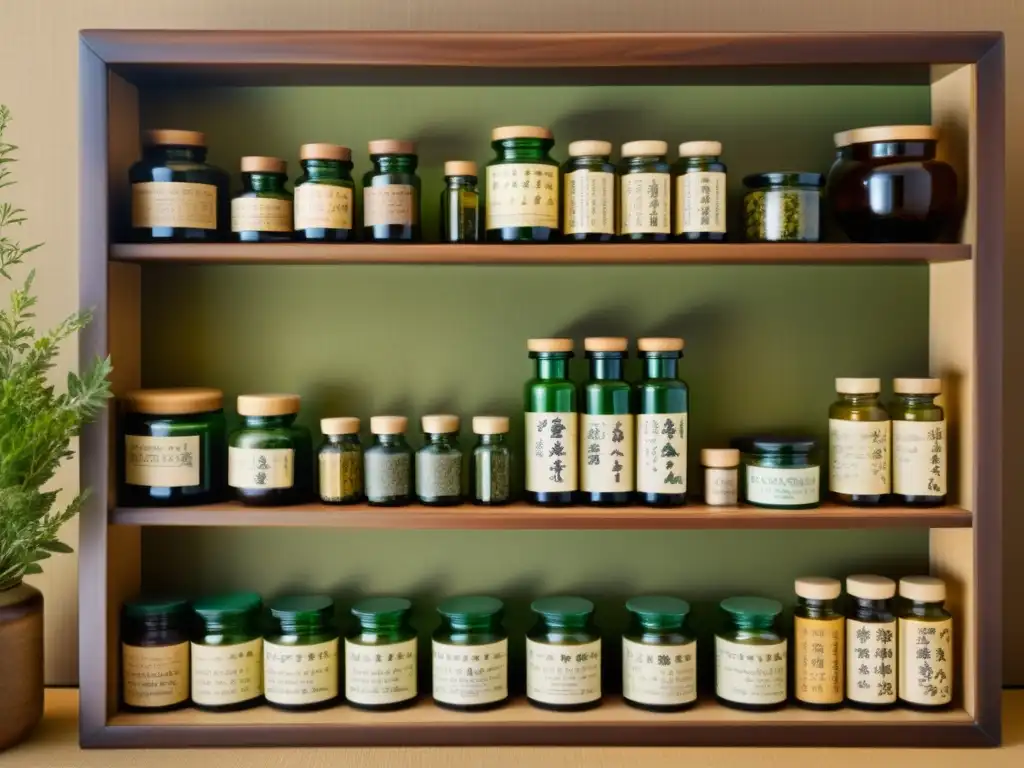 Detalle de estantería japonesa con plantas medicinales en elegantes frascos y hierbas secas, evocando sabiduría ancestral y curación natural