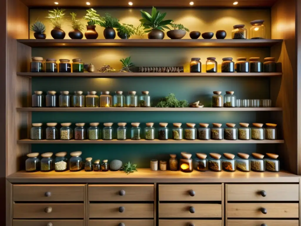 Detalle de estantes de una farmacia tradicional china con frascos de vidrio y cajones de madera repletos de hierbas y raíces