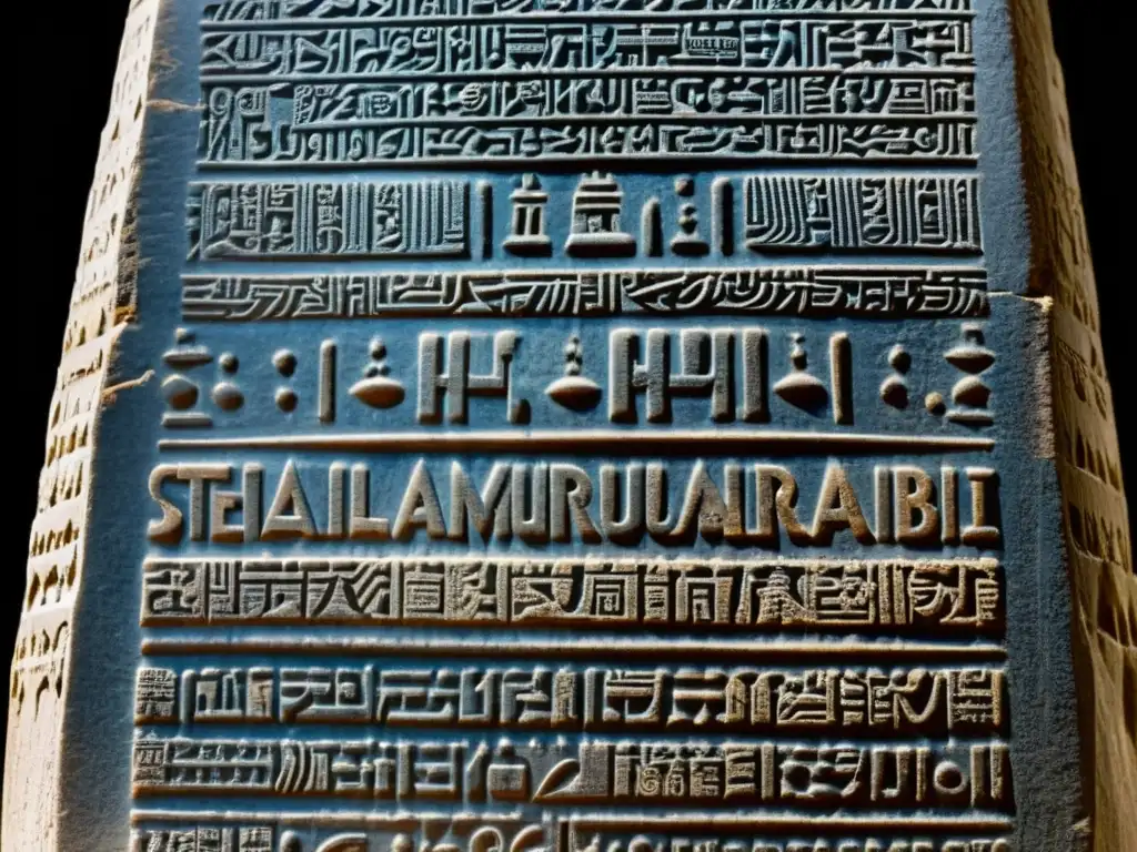 Detalle de la estela del Código de Hammurabi con inscripciones cuneiformes, bañada en luz natural, mostrando las leyes antiguas de Mesopotamia