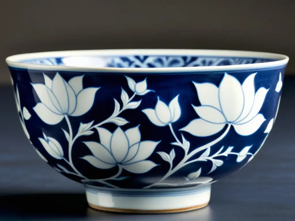 Detalle de una exquisita vasija de porcelana imperial china, con motivos de loto y vides en azul y blanco