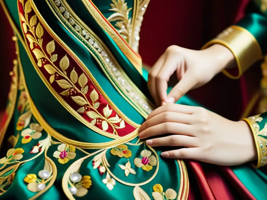 Detalle de un exquisito bordado a mano en un traje de seda asiático, mostrando la artesanía y elegancia de la Alta Costura Asiática