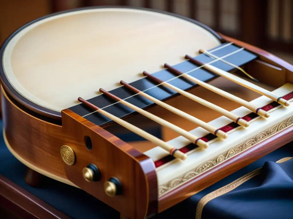 Detalle del exquisito gayageum coreano con incrustaciones de nácar y cuerdas de seda, iluminado por luz natural